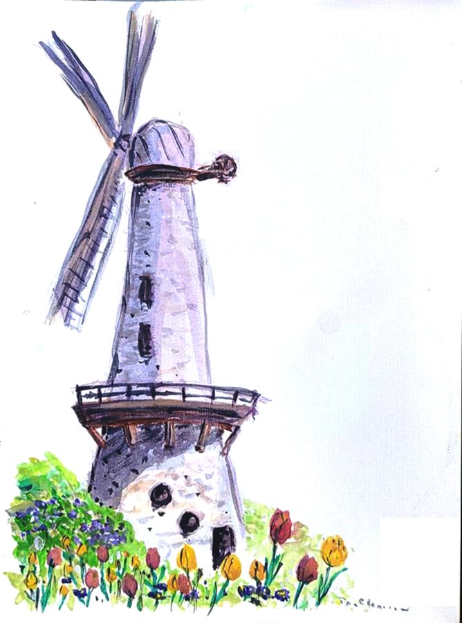 Windmill and tulips gouache Mar 24.jpg